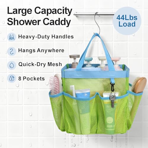Mesh Shower Caddy Portable - 8 Pockets, S-Hook, Shower Bag for Dorm Camping - color: 1 Pack Fluorescent Green, size: L (Classic Dorm Caddy)