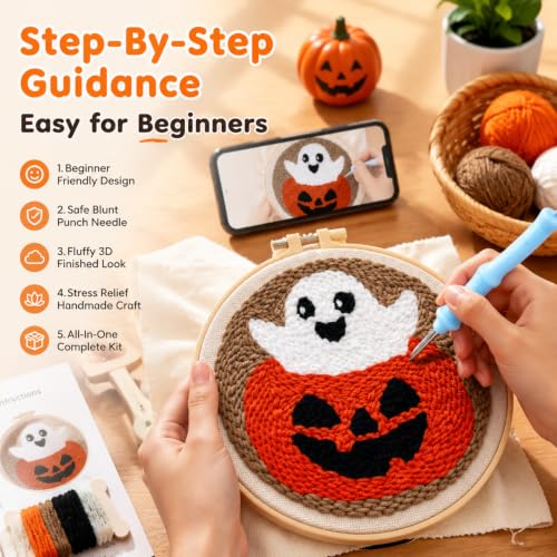 Punch Needle Kit for Beginners Adults-Pumpkin Ghost, with Embroidery Hoop - color: Punch Needle kit-Pumpkin Ghost