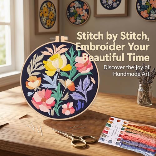 Harimau Adult Beginner Embroidery Starter Kit, Complete Set with 4 Patterns, 2 Hoops, Needles, Scissors, Instruction Guide & Stitching Video Tutorials - color: Floral9 pattern