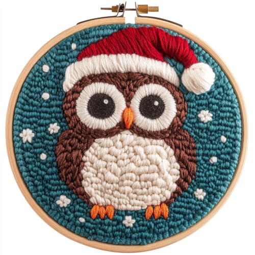 DIY Punch Needle Kits Owl Wear Christmas Hat with Hoop 20x20cm-1 - color: 08-Christmas Owl