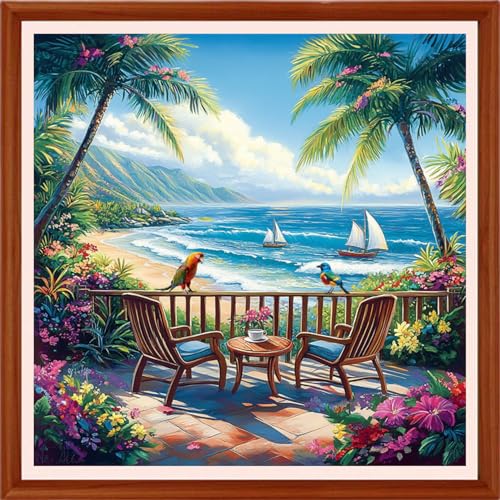 Redxing Counted Cross Stitch Kit for Beginners,Unprinted Needlepoint Kits for Beginners Cross Stitching Embroidery Kit 11CT Stitches kit-Drinking Tea Resting by Seaside 18x18 inch - color: Setpattern05