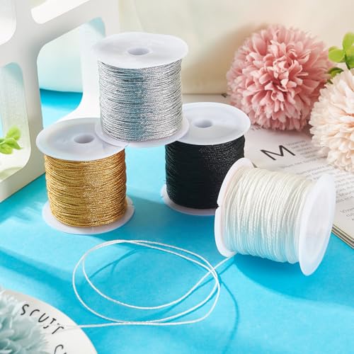 Beadthoven 4 Rolls Metallic Cord Twine 109 Yards Metallic Thread Colored Tinsel String Crafts Cord Tag Cord for Christmas Ornament Hanging Decoration Jewelry Making Thread 0.8mm Gold Black White Gray