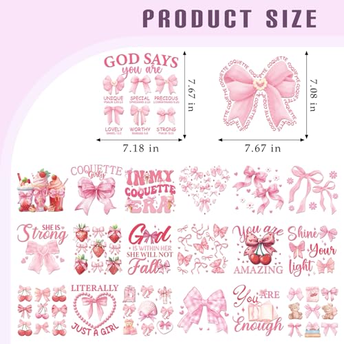 Dazoratix Bow Iron on Transfers - 20 Sheets Cute Pink Ready to Press Coquete Girly Cherry Heat Transfer DTF Stickers Patches Vinyl Appliques Decals Women Girl T Shirts Clothes Bag Decoration DIY Craft - style: Bow