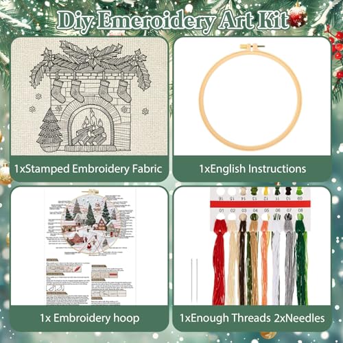 RUIQLXHANG Christmas Embroidery Kit, Christmas Gnomes Embroidery Kits for Beginners with Pattern, Cotton Threads, Needles, Instruction, 20cm Hoop, Gift for Mom, Grandma (Fireplace) - color: Fireplace