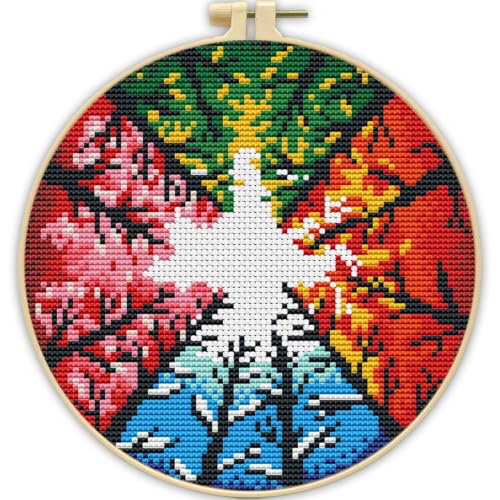 Stamped Cross Stitch Kits for Beginners Adults-Tree,with Embroidery Hoop - color: Tree-2605