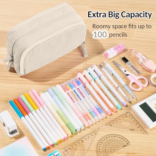 Sooez Big Capacity Pencil Case Pen Pouch, Soft Corduroy Pencil Bag - color: Beige