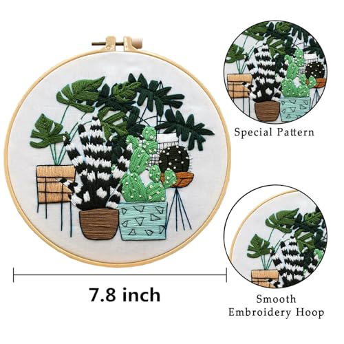 LB 3 Pack Green Plant Leaf Embroidery Kit for Beginners Succulent Cactus Beginner Embroidery Kit for Adults DIY Starter Kit with Embroidery Hoop Colorful Threads Tools - color: Black