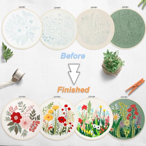 Bonroy Embroidery Kit for Beginners with Instructions,Cross Stitch Kits for Adults with Pattern,Needlepoint Kits for Adult Include Embroidery Cloth Hoops Needles Threads (flowers5) - color: flowers5