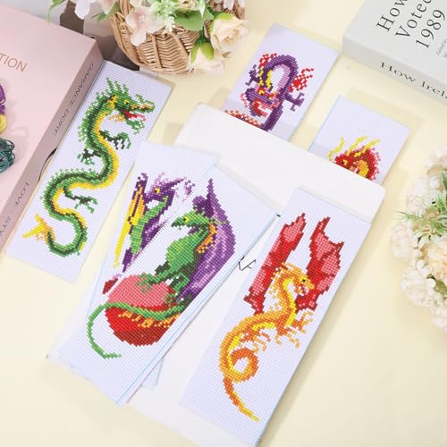 ORIGACH 6 Pcs Cross Stitch Bookmark Kit for Beginner Dragon Pattern Stamped Embroidery Stitch Kits for Starter DIY Bookmarks Printed Cross Stitch Kits with 13 Colors Embroidery Floss - style: Dragon