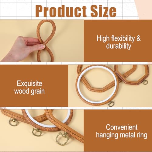 9 Pack Embroidery Hoop Frame Large 4 Shape Decorative Imitated Wood Display Frame Circle Cross Stitch frames Hoop Ring for DIY Art Craft Sewing Ornaments, Circle Oval Octagonal Shape and Hanging Decor