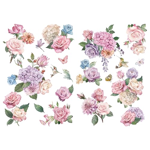Joeyan Rub on Transfers for Crafts and Furniture - 2 Large 12"x18" Sheets Decorative Flower Stickers and Decals, DIY Home Decor for Wood Glass Metal Canvas Porcelain Paper Plastic, Rose Fantasy - style: Rose Fantasy