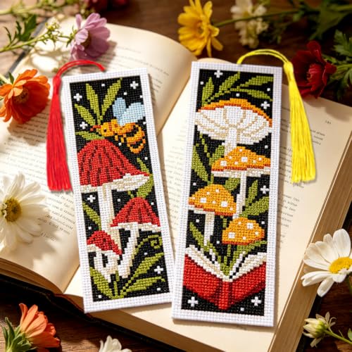 ACRNIGHEET 6PCS Cross Stitch Bookmark Kit for Beginner Stamped Cross Stitch Kits for Adults Mushroom DIY Tassel Embroidery Bookmark Kits Needlepoint Kit with Instructions Craft Gift 8.5''x3'' 11CT - style: Mushroon Animals with Tassel