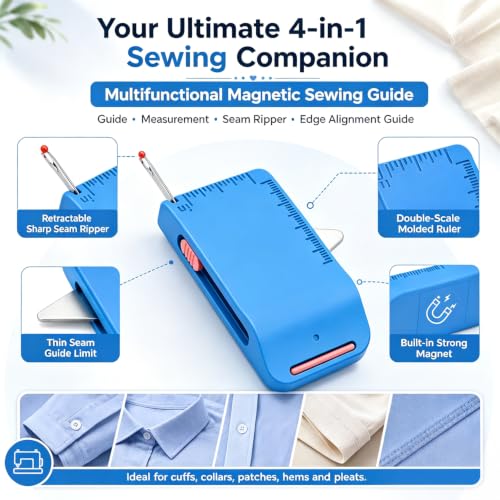 Magnetic Sewing Machine Sleeve Tool, 4-in-1 Edge Guide with Built-in Seam Ripper & Ruler Scale for Cuffs Plackets Topstitching, Multi-Functional Tool for Beginners (Blue+Pink)