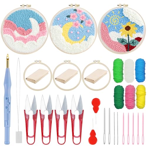 Woohome Punch Needle Kit Included Plastic Hoops, Punch Needle Cloth, Color Yarn and Punch Needle Tools for Adults, Beginners (Moon and Sunflower) - color: Color 11