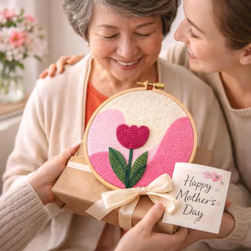CELCRAFTIQUE Punch Needle Kits for Adults Beginner, Tool with Punch Needle Fabric, Hoops, Yarns and Sewing Needles (Blush Tulip) - color: Blush Tulip
