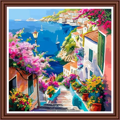 Dimensean Counted Cross Stitch Kit for Beginners, 11CT Unprinted Cross-Stitch Kit Easy Patterns Needlepoint Kit Cross Stitching Embroidery Kit Supplies-Seaside Floral Scenery 18x18 inch - color: ColorDIY11