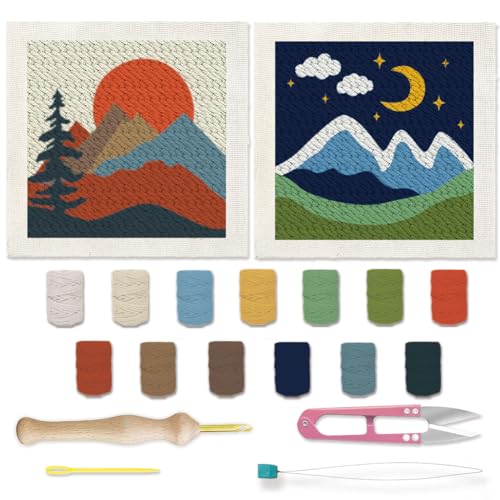 BEUNITONE 2 Sets Camping Punch Needle Kit for Beginners Scenery Theme Punch Embroidery Kits with Frame Instructions Embroidery Starter Kits with Art Night Pattern for Wall Painting 9.4'' x 9.4'' - color: 01-Mountain Scenery