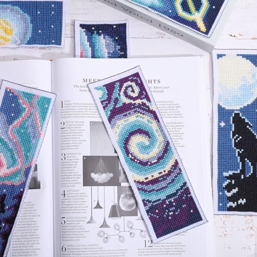 ORIGACH 6 Set Cross Stitch Bookmark Kit for Beginner Starry Sky Pattern DIY Stamped Embroidery Bookmark Kit with 20 Colors Embroidery Floss Instructions 8''x2.4'' - style: Starry Sky