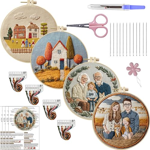 SCECALA 4 Pack Funny Family Themed Hand Embroidery Kit for Beginners - color: Blue and Orange