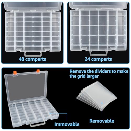 2 Pack Large 48 Girds Plastic Organizer Box with Adjustable Dividers, Clear Storage Organizer Case Jewelry Storage Bead Container Rock Collection Boxes for Screw, Craft, Arts,Tackle