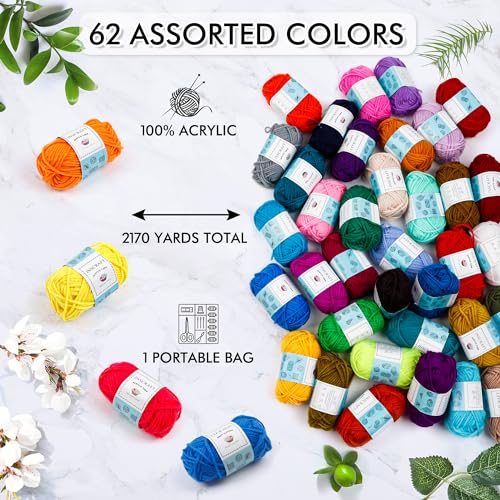 INSCRAFT 62 Acrylic Yarn Skeins, 2170 Yards Yarn for Knitting, 2 Crochet Hooks, 2 Weaving Needles,10 Stitch Markers, 1 Purple Bag, Perfect Crochet Beginner Kit for for Adults - color: purple