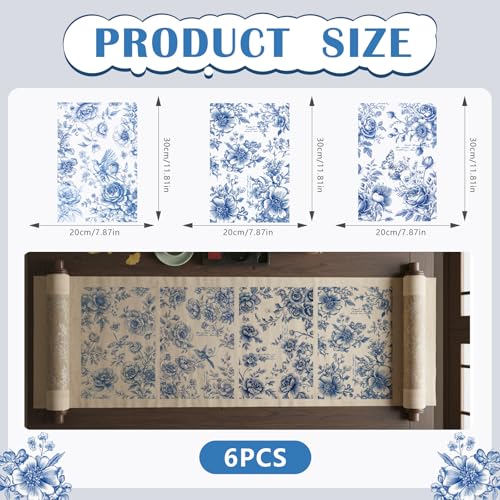 Vintage Floral Rub on Transfer for Crafts - 6 Sheets Blue Chinoiserie Flower Cold Rub on Transfer for Furniture, Retro Butterfly Flowers Stickers Decals for Wood Furniture Canvas Farmhouse Decoration - style: Floral