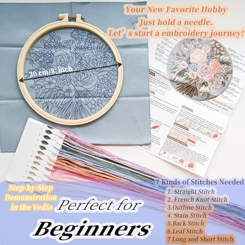 FONNUY Bouquet Flowers Embroidery Kit for Beginners, Pre-Stamped Pattern Kits for Adults with Hoop, Easy to Follow Color Thread Needlework, 8'' Hoop (Captivating Allure) - style: Captivating Allure