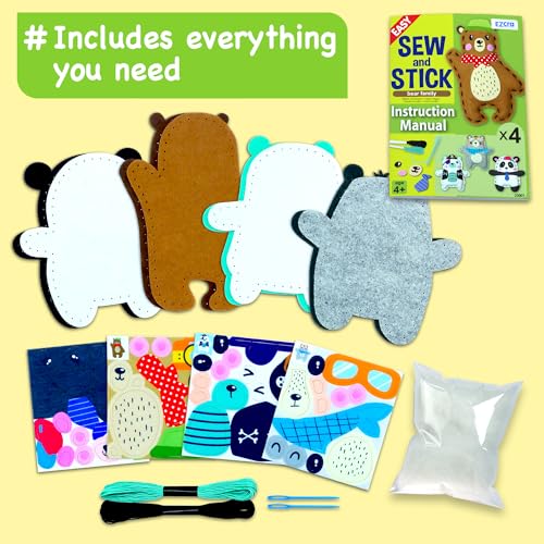 EZCRA Bear Sewing Kit for Kids Ages 4-8 - 4 Beginner Felt Projects - color: Bear 4-in-1
