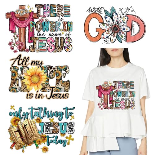 4 Packs God Iron on Transfer Stickers Jesus God Hope Heat Transfer Design Iron on Patches for T Shirt Christ Jesus Sunflower Pattern Iron on Vinyl Decals for Women Men Clothes Craft DIY Supplies - color: Jesus B