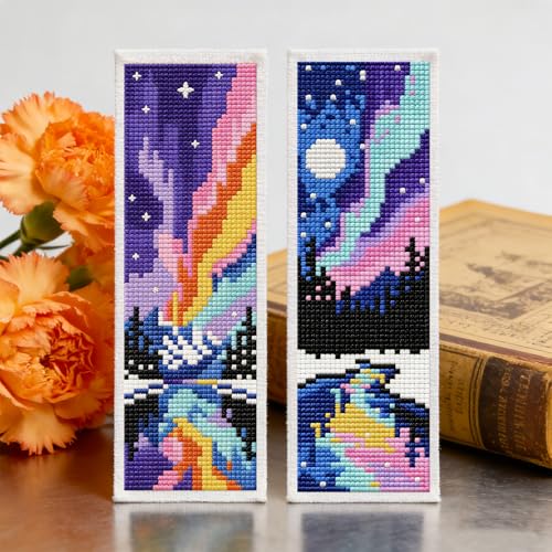 ACRNIGHEET 6PCS Cross Stitch Bookmark Kits for Beginners Colorful Aurora - style: Landscape Patterns 6