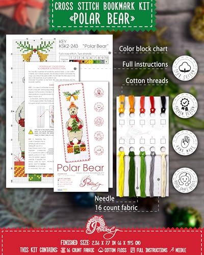 Povitrulya Polar Bear - Counted Cross Stitch Bookmark Kit - DIY Embroidery Set - Hand Made Christmas Gift for Adultss - color: Polar Bear