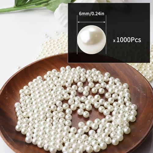 1000pcs Creamy White 6mm Pearl Beads with Hole Round Pearls for Crafting Loose Pearl Beads for Jewelry Making Fake Pearls Bead for Bracelets Necklaces Earrings Key Chains Accessories DIY - color: Creamy White, size: 6mm,1000pcs