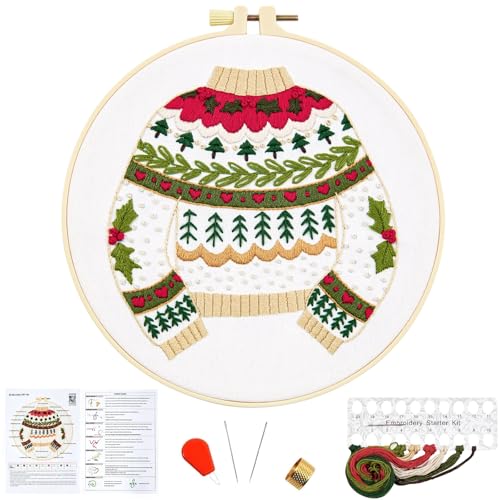 Crafmanoe Christmas Embroidery Kits for Beginners Embroidery Stitches Practice Kits for Adults, Christmas Cross Stitch Kits for Beginners Craft Kits, Embroidery Hoops, Fabric, Threads & Video Tutorial - color: H2050