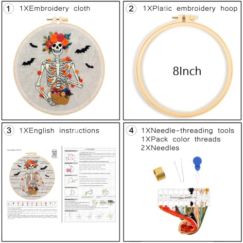 Halloween Embroidery Kits for Beginners Adults, Gothic Skeleton Embroidery Starter Kits, Halloween Cross Stitch Kits Needlepoint Kits for Adults Woman Gifts, Embroidery Hoop, Thread, Video Tutorial - color: H2101