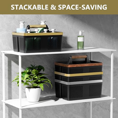 BYUNER Shower Caddy Dorm Men: Plastic Bathroom Caddy Organizer with Handle and Holes, Bath Caddy for College Dorm, Portable Shower Basket Tote for Toiletry, Travel, GYM, Camp Essentials Black/Gold - color: Black/Gold