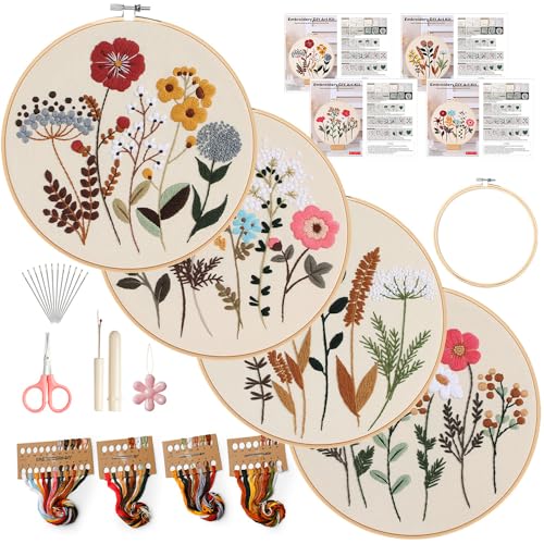 Embroidery Kit, 4 Pack Embroidery Kit for Beginners with Flower Pattern - color: KIT 02