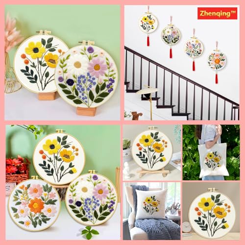 Zhenqing Floral Embroidery Kit for Beginners, 3 Patterns, 7.8in Hoop - color: Garden Bloom Trio Embroidery Kit