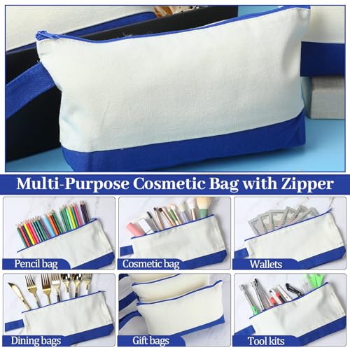 Silkfly 15 Pcs Cotton Canvas Makeup Bags Cosmetic Zipper Bags 10.2 x 5.5 x 2'' Blank DIY Pouch Bulk Pencil Case with Bottom Travel Toiletry Pouch for Women Craft Decor Gift (Beige and Blue) - color: Beige and Blue