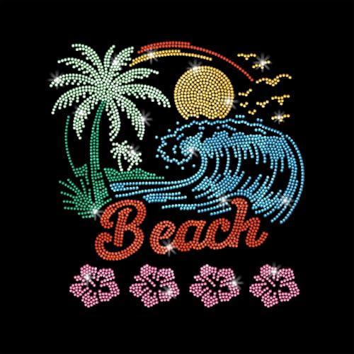 1 Pcs Beach Palm Iron on Rhinestones Transfer, Sea Wave Summer Hot Fix Iron on Patch Transfer Decals Crystal Heat Transfer Clothing Repair Decor for T-Shirt Hat Jacket Holiday Party - style: Beach Palm