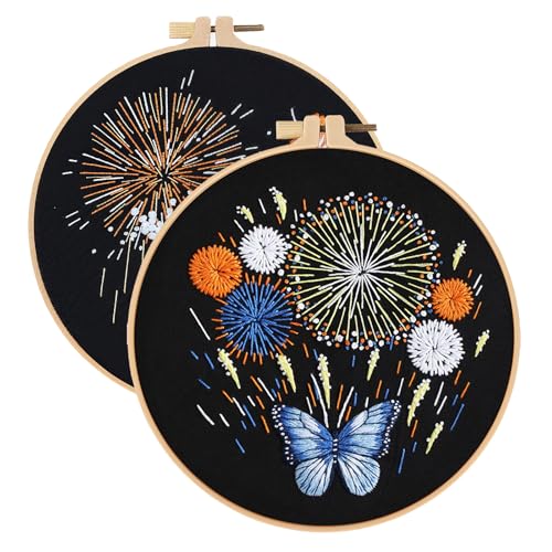 spicssa 2PCS Embroidery Kit for Beginners, Hand Needlepoint Kits for Adults with Pre-Stamped Patterns, 7.8-Inch Hoop, Threads & Needles, Step by Step Instructions - color: Fireworks