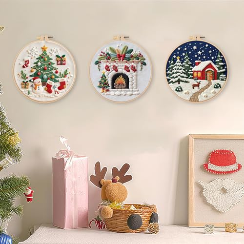 LB Christmas Embroidery Kit for Beginners Adults, 3 Sets Hand Embroidery Starter Kit with Fireplace Pattern and Instructions Stamped Cross Stitch Kits Include Embroidery Hoop Needles Threads Scissors - color: Blue