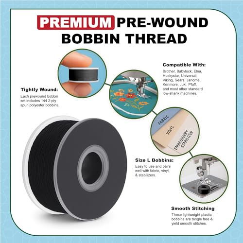 Mandala Crafts Black Size L Prefilled Bobbin Thread, 144 PCs - color: Black, size: Size L 144 X 142 Yards