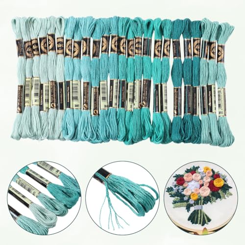 24 Skeins 6 Strands Green Embroidery Floss Threads Variegated Gradient Cross Stitch Thread Friendship Bracelets String Bulk with 12 Floss Bobbins for Hand Sewing Knitting Craft Stitching Diy - color: Green