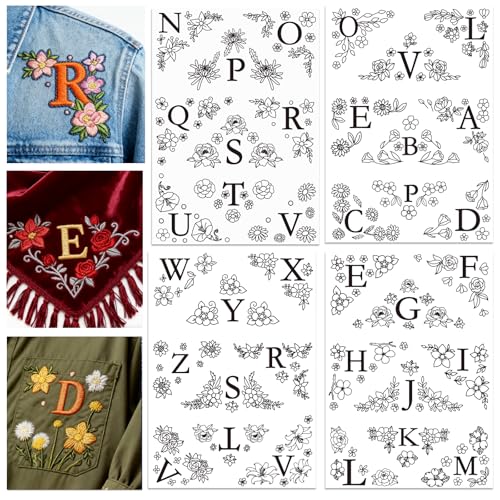 ORIGACH 4 Sheets Water Soluble Embroidery Patterns Stabilizers - Pre-Printed Letter & Flowers Designs - Stick & Stitch Embroidery Paper for Hand Sewing Lovers - color: Letter & Flowers