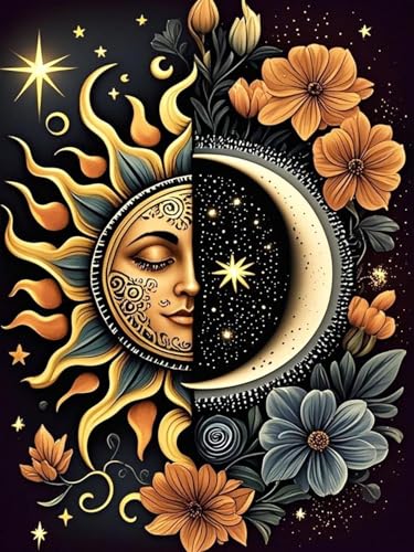 MYBISYMQQ Stamping Cross Stitch Kit Sun and Moon, Round Counting Cross Stitch Kit for Adult Beginners, Full Line DIY Cross Stitch Stitching Kit for Home Decor Cross Stitch Patterns 11.8x15.7inches - color: D024