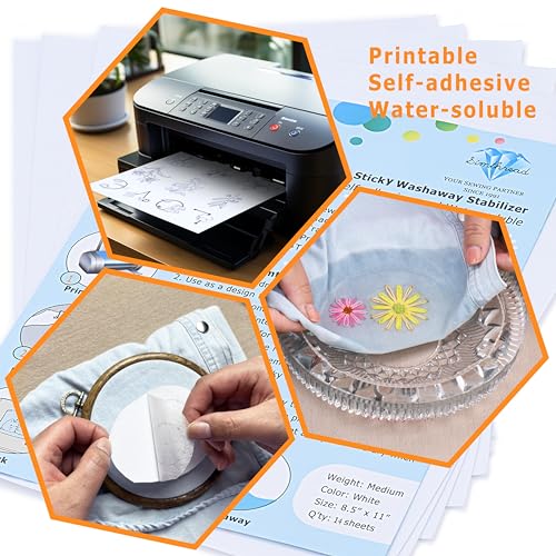 Sticky Wash Away Embroidery Stabilizer Self-Adhesive Printable A4 Size Paper Stabilizer Medium Weight 1.4OZ 8.5" x 11" 14pcs / Pack - size: 8.5" x 11" 14PCS