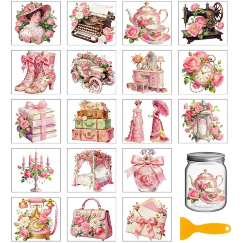 GLOBLELAND 18 Sheets Pink Vintage Victoria Rub on Transfers Floral Bag Letters Transfer Stickers Decals Watercolor Items Cup Stickers Decals for Furniture Vase Glass Bottle Table Decor - style: Pink Flower