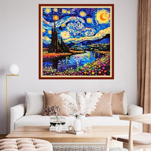 Funchey Stamped Cross Stitch Kits, DIY Cross Stitch Pattern for Adults Beginners Needlepoint Kits Embroidery Kit Arts and Crafts 11CT&Van Gogh Starry Sky Flower 18x18 inchs - color: HandicraftColor03