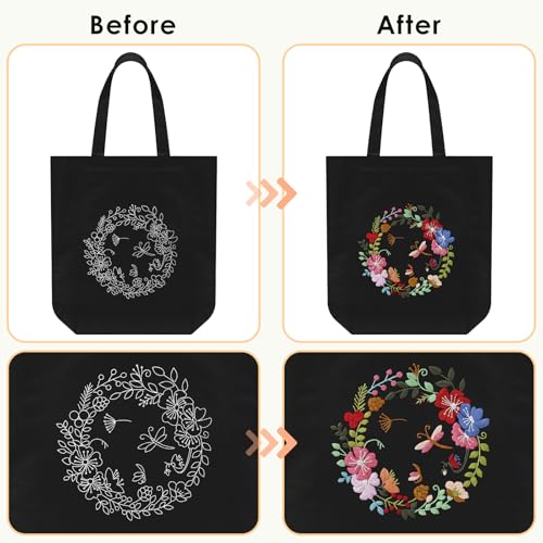ERKOON Canvas Tote Bag Embroidery Kit for Beginners, Floral Arts Crafts Cross Stitch Kits for Adults Including Stamped Embroidery Bag with Hoops, Needle, Instruction and Color Threads(Wreath) - color: Wreath