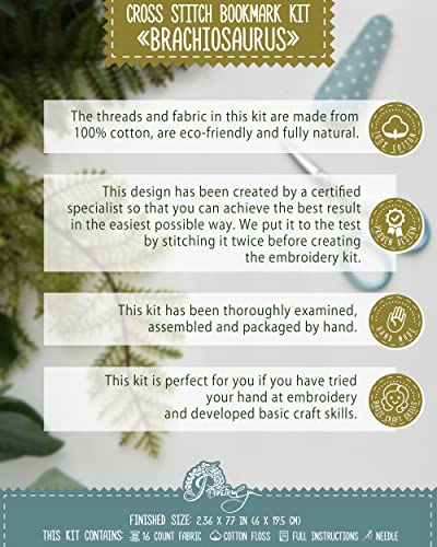 Povitrulya Dinosaur Counted Cross Stitch Kit Brachiosaurus - DIY Bookmark Set for Hand Embroidery - color: Brachiosaurus